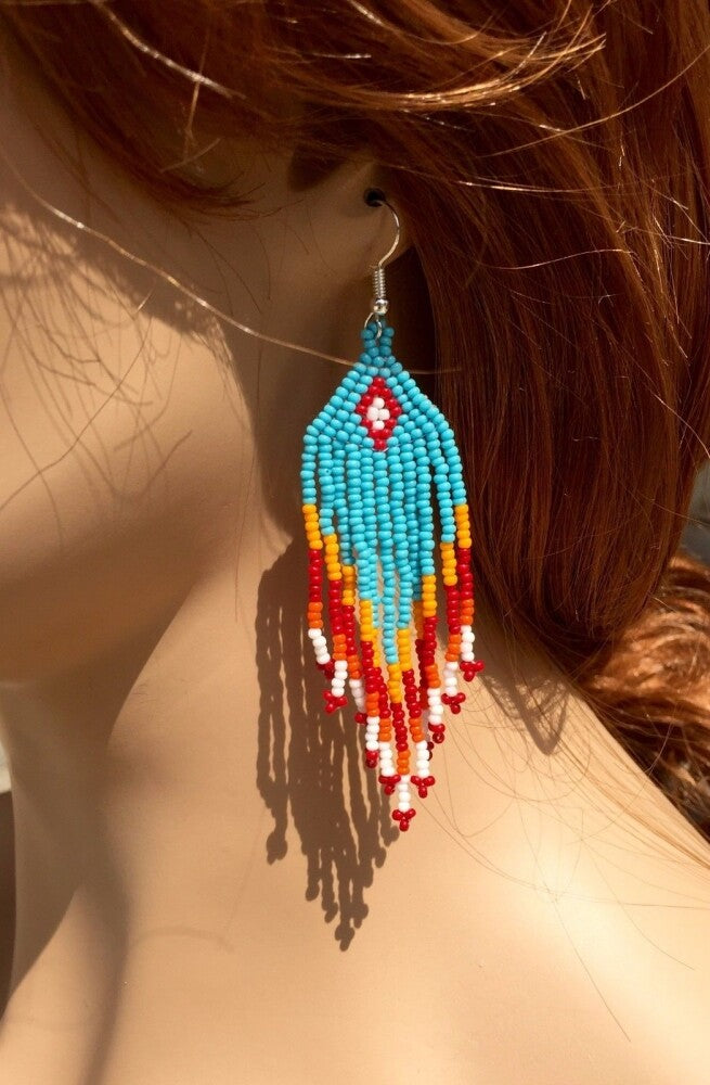 Turquoise Blue Orange Handmade Beaded Chandelier Earrings
