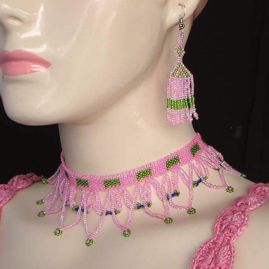 Pink Green Egyptian Art Beaded Choker Necklace Earrings