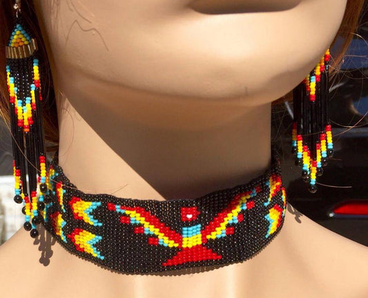 Handmade Native Inspired Black Multicolored Choker Necklace Earrings Set