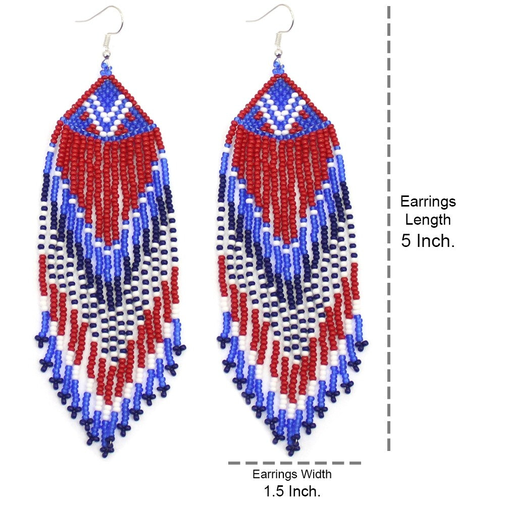 Handmade Beaded Patriotic Red White Blue Color Hook Earrings