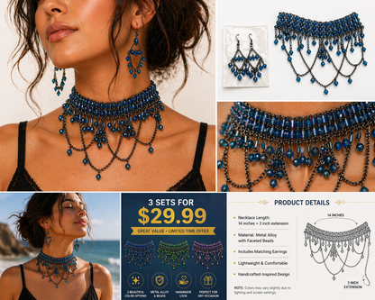Bohemian Beaded Fringe Choker Set – 3-in-1 Bundle (Purple, Blue & Green) | Statement Necklace & Earrings Set