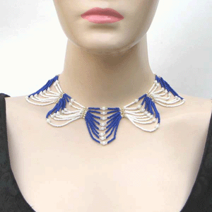 Blue White Golden Beadwork Frill Beaded Choker Necklace