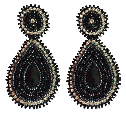 Handmade Beaded Teardrop Shape Post Earrings with Czech Seed Beads - 3 Inches Long, 1.5 Inch Wide - Black