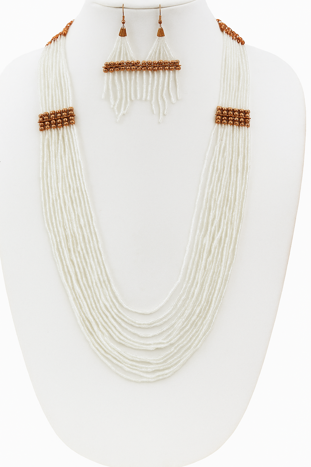 Handmade beaded White Copper layered necklace earrings set