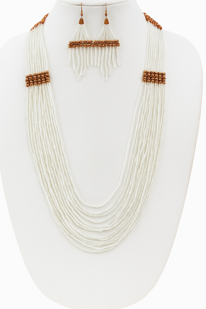 Handmade beaded White Copper layered necklace earrings set