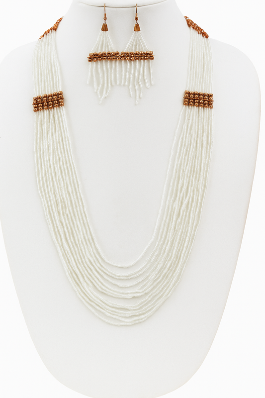 Handmade beaded White Copper layered necklace earrings set