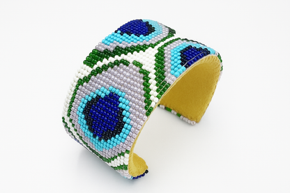 Handmade Beaded Cuff Bracelet – 1.5” Wide, Peacock Feather adjustable