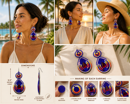 Handmade Beaded Teardrop Czech Earrings - 3.5 Inches Long, Blue Red