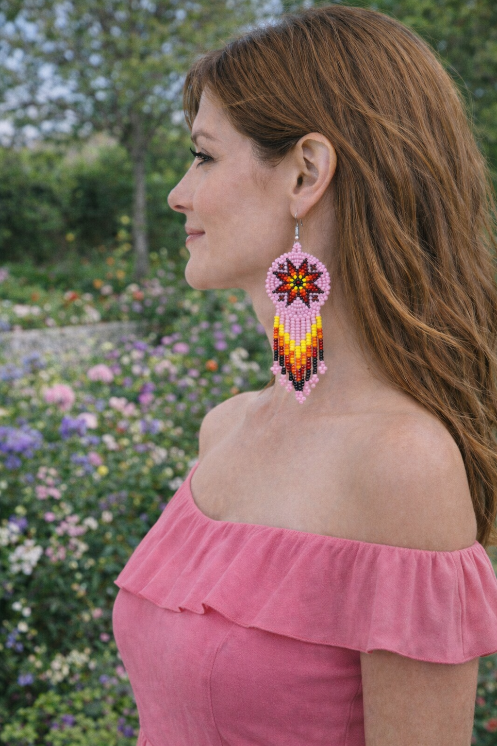 Handmade Beaded Pink Fire Color Round Fringe Hook Earrings