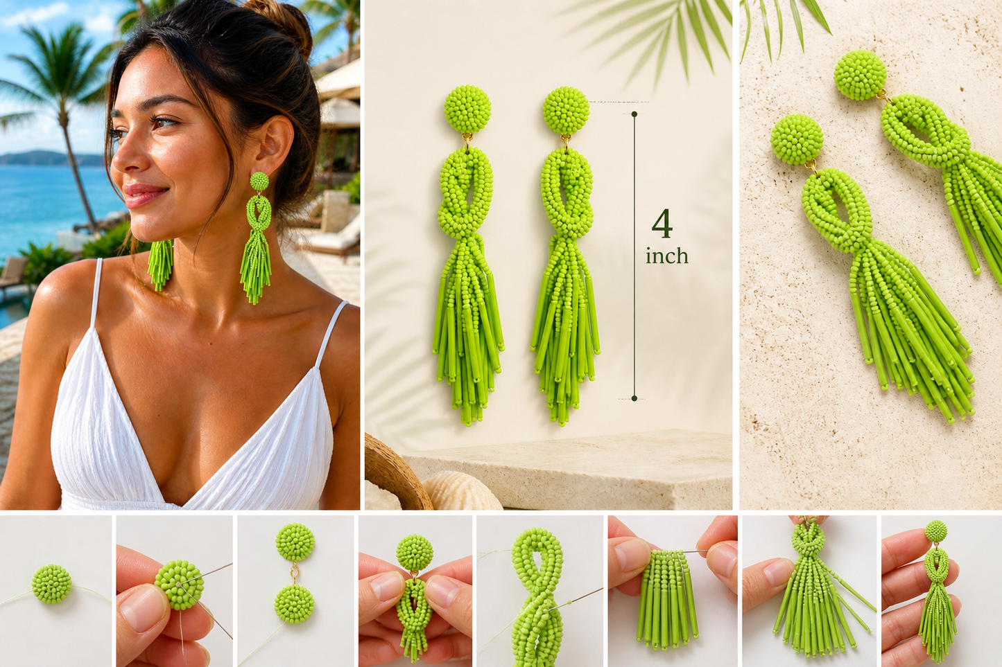 Handmade Beaded Solid Color Post Statement Earrings, 4 inch Long Dangle with Celtic Knot Design - Czech Seed Beads - Olive Green