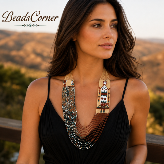 Handmade Ethnic Brown Seed Bead Yei Dancer layered Necklace earrings set