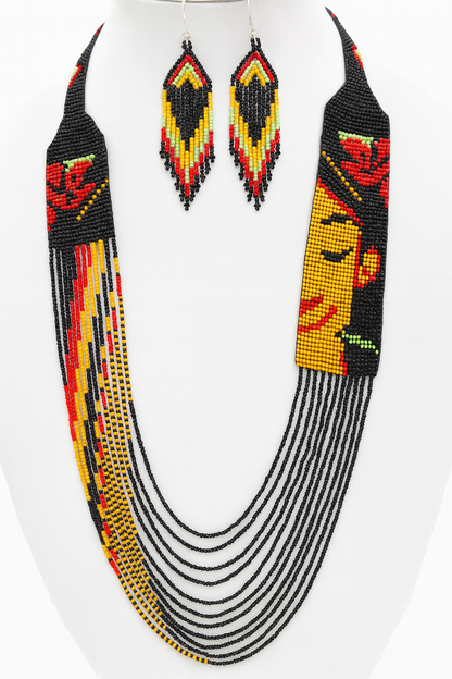 Handmade Beaded Necklace, Earrings Set – Orange Black Frida inspired