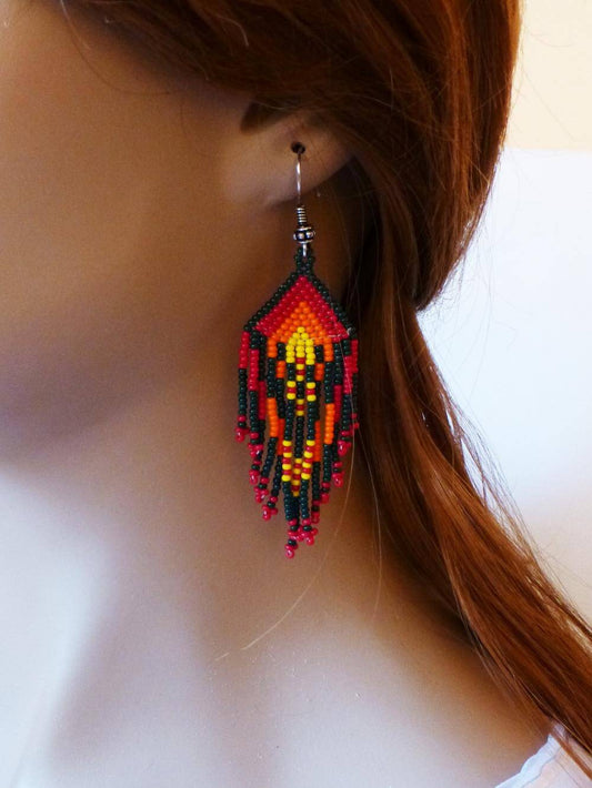 Orange Maroon Handmade Beaded Chandelier Long Earrings
