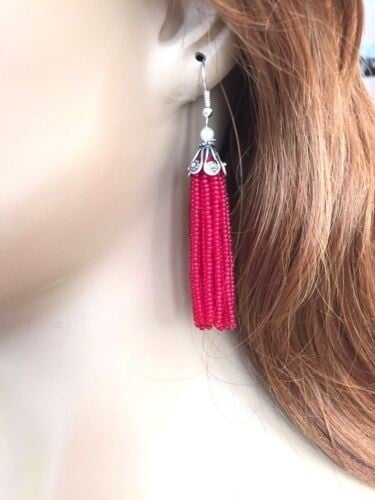 Handmade Beaded Maroon Fashion Tassel Earrings
