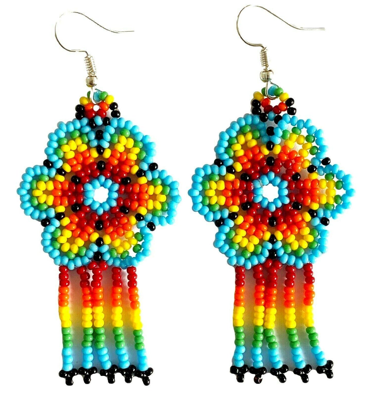 NATIVE STYLE HANDMADE ETHNIC FLOWER TURQUOISE BEADED CHANDELIER EARRINGS E61/8