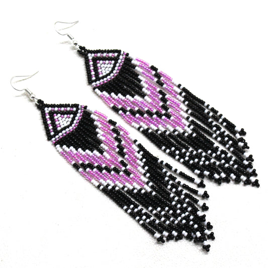 Handmade Beaded Black Pink Long Earrings
