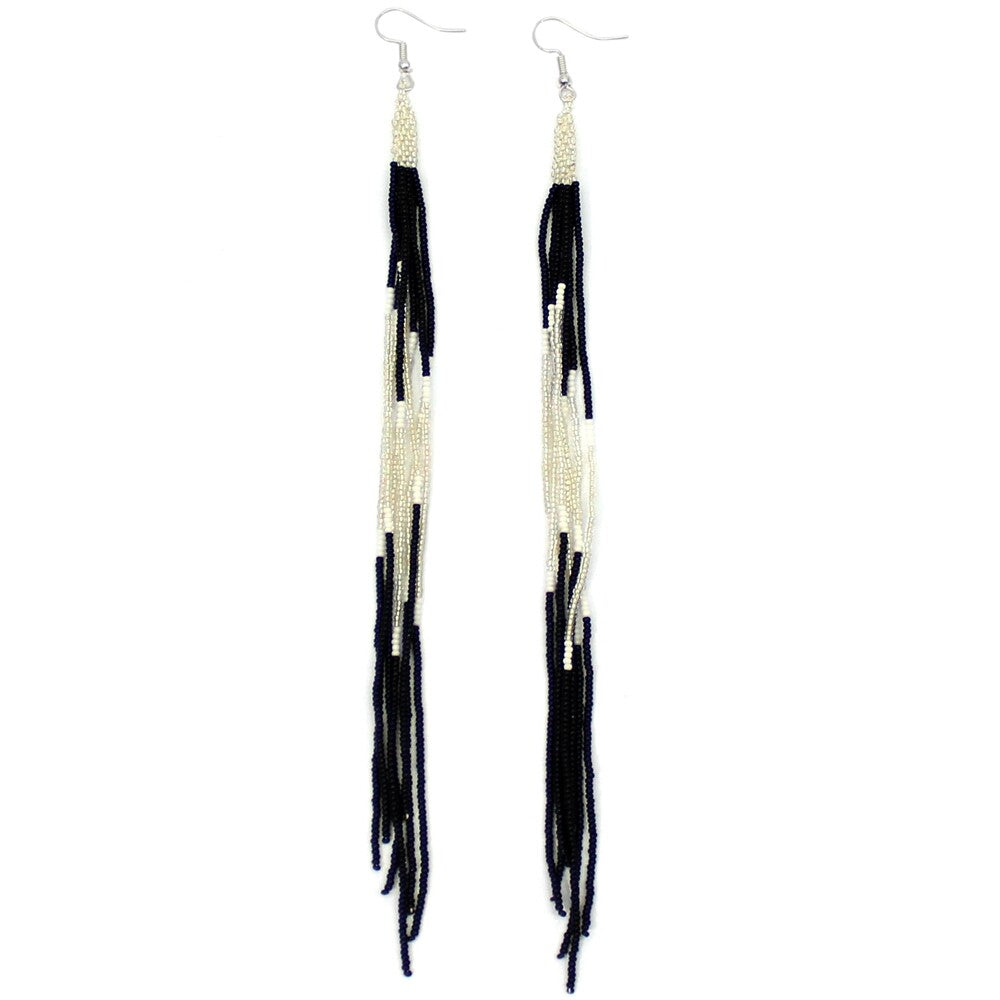 Black Silver Extra Long 8 Inch Handmade Glass Beads Earrings