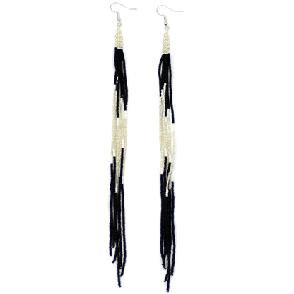Black Silver Extra Long 8 Inch Handmade Glass Beads Earrings