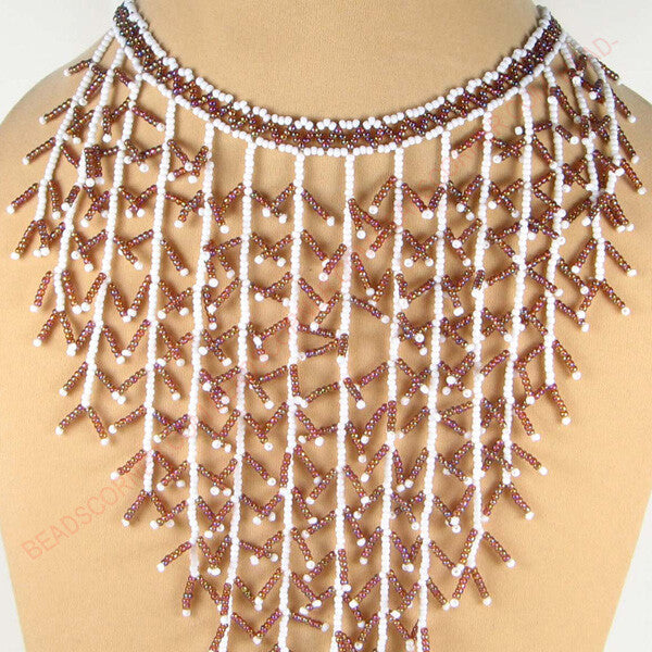 Brown White Seed Beaded Frost Beadwork Bib Necklace Jewelry