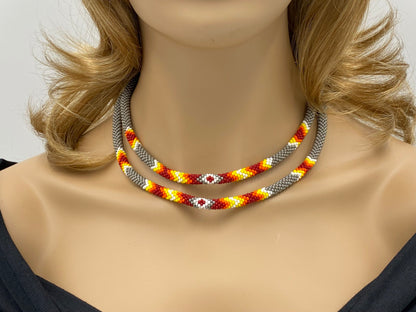 Native Style Beaded Double Strand Rope Necklace for Women Handmade (Gray)