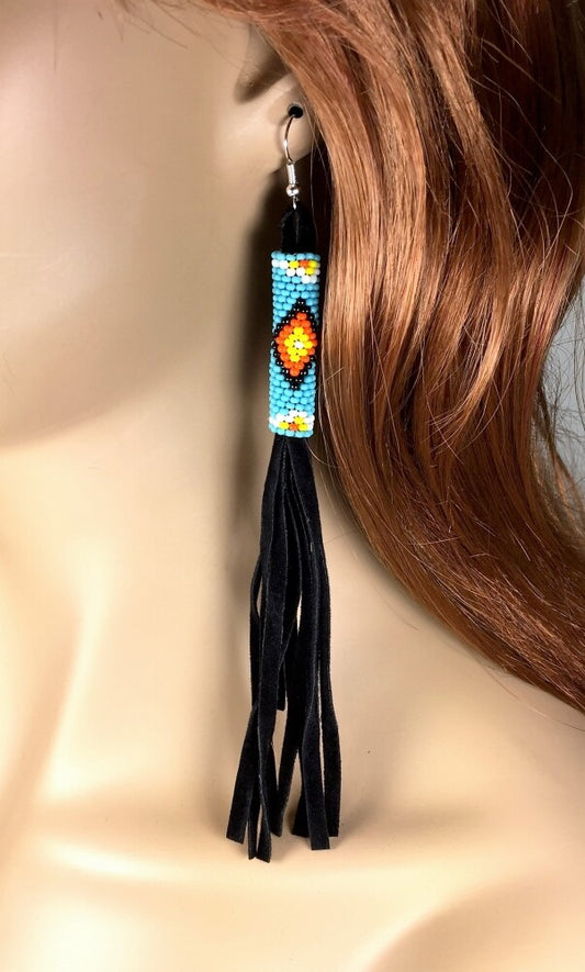Handmade Beaded Black Fashion Tassel Fringe Suede Earrings
