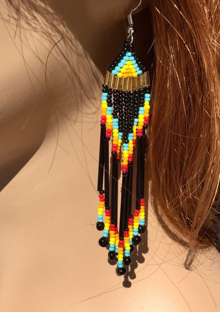 Handmade Native Inspired Black Multicolored Choker Necklace Earrings Set