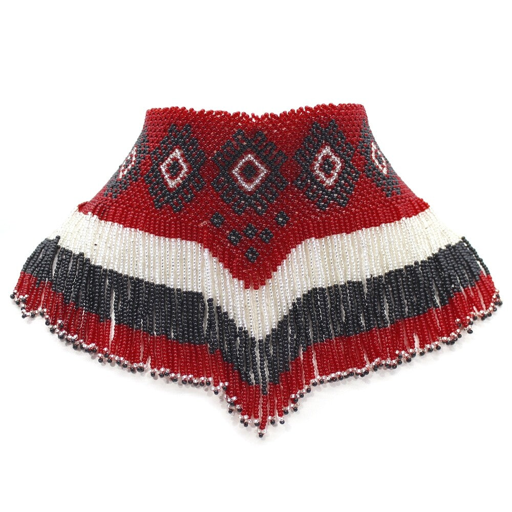 Black Red White Beaded Choker Bib Necklace Handmade