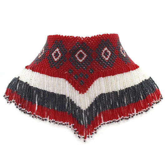 Black Red White Beaded Choker Bib Necklace Handmade