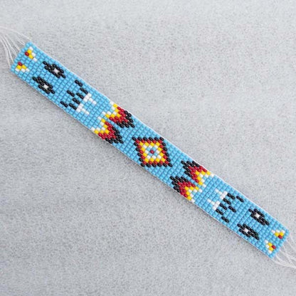 Handmade Beaded Bracelet - Cyan Blue and Black Red, Narrow Hard Cuff Leather