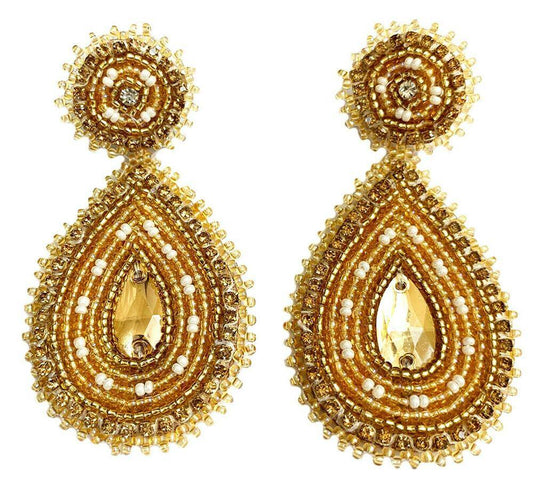 Handmade Beaded Teardrop Shape Post Earrings with Czech Seed Beads - 3 Inches Long, 1.5 Inch Wide - Gold
