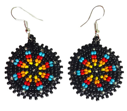 Handmade Beaded Round Black Earrings with Flower Design | Lightweight and Comfortable