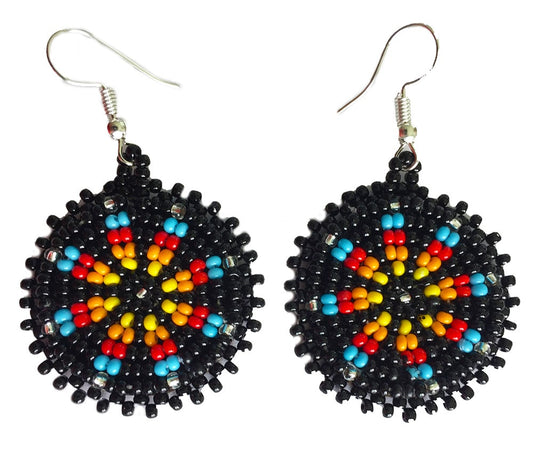 Handmade Beaded Round Black Earrings with Flower Design | Lightweight and Comfortable