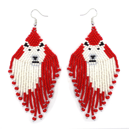 Handmade Red White Seed Beads Polar Bear Beaded Earrings