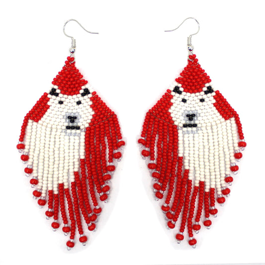 Handmade Red White Seed Beads Polar Bear Beaded Earrings