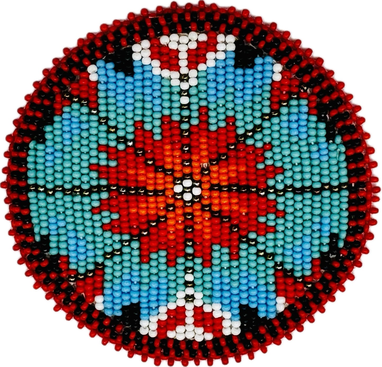 Handmade beaded Red green flower 3” rosette/ applique