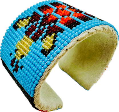 Handmade beaded Cyan Blue Red Turtle leather hard cuff bracelet