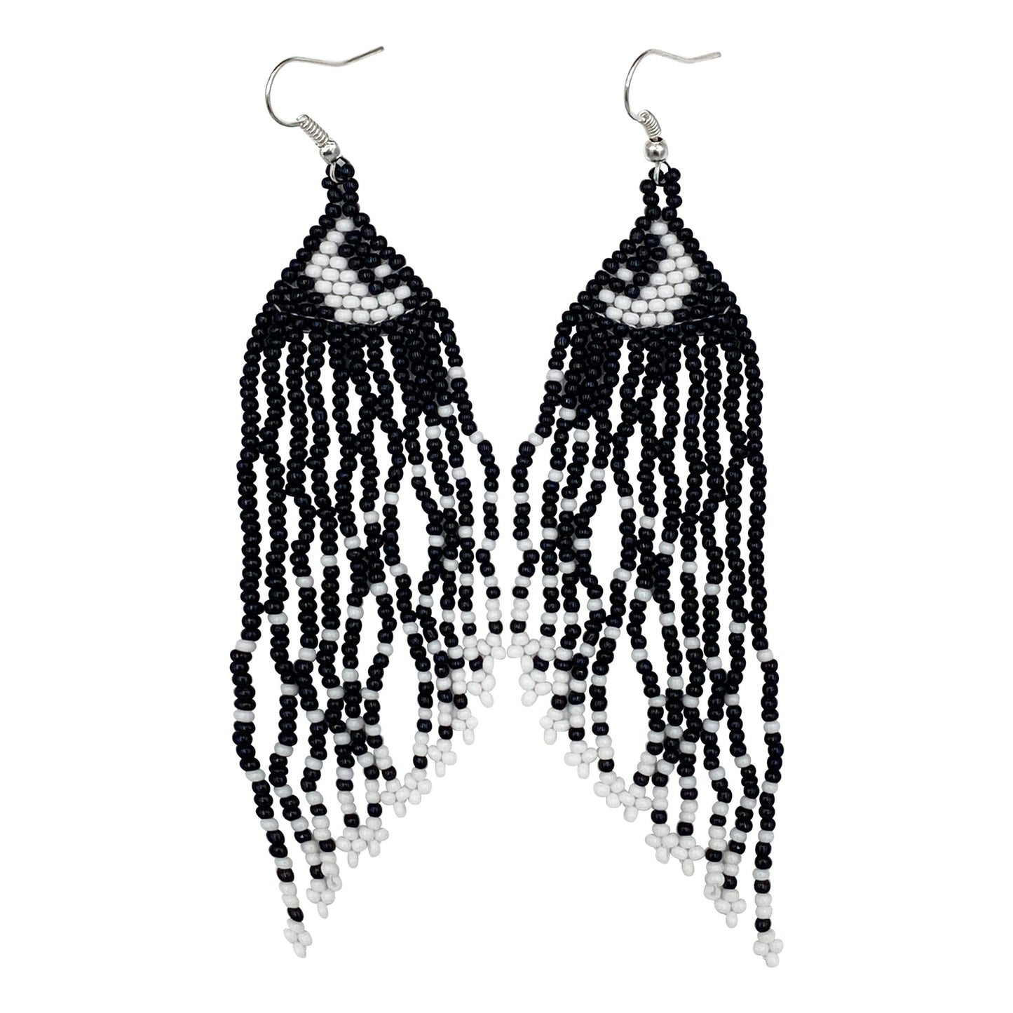 Elegant Black and White Beaded Fringe Earrings