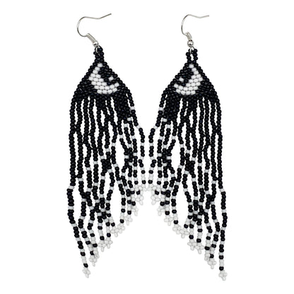 Elegant Black and White Beaded Fringe Earrings
