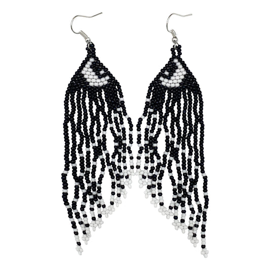 Elegant Black and White Beaded Fringe Earrings