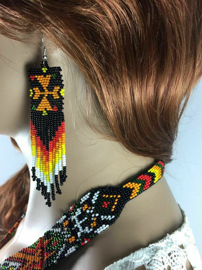 Handcrafted Ethnic Native Style Multi-Color Geometric Pattern Beaded Necklace Earrings Set