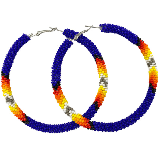 Handmade Native Style 3 Inch Hoop Earrings with Czech Seed Beads - Deep Blue