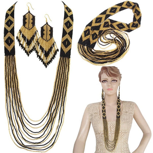Handmade Beaded Gold Black Layered Necklace Earrings Set