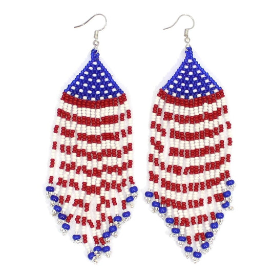 Handmade Beaded Patriotic Red Blue White Hook Earrings