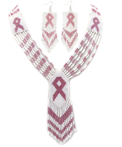 Handmade Pink Ribbon Breast Cancer Awareness Necklace Earrings Set