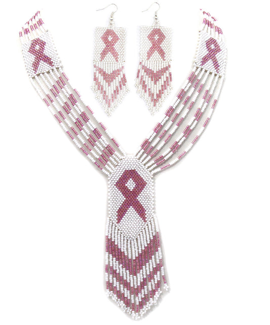 Handmade Pink Ribbon Breast Cancer Awareness Necklace Earrings Set