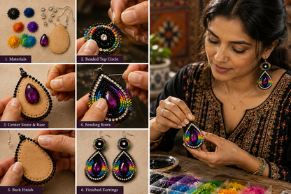 Handmade Beaded Teardrop Czech Earrings - 3.5 Inches Long, Purple Black