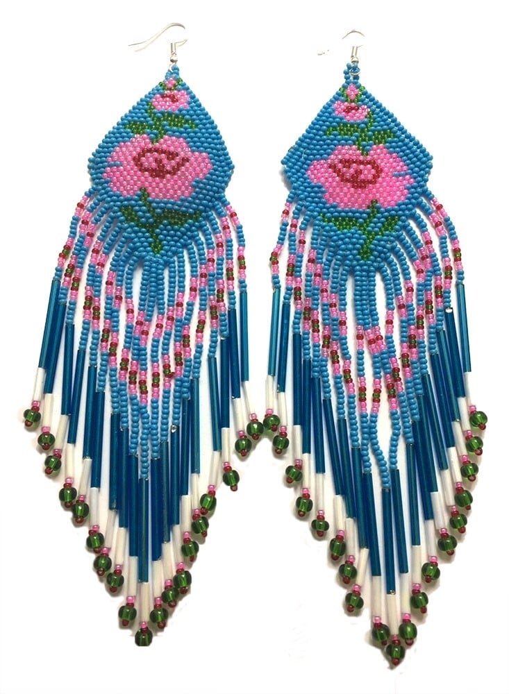 Handmade Glass Beaded Blue Pink Rose Design Extra Long Earrings