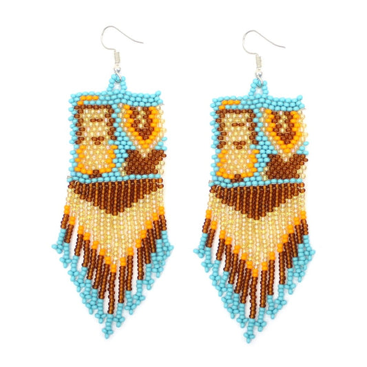 Handmade Beaded Brown Yei Dancer Seed Bead Long Earrings