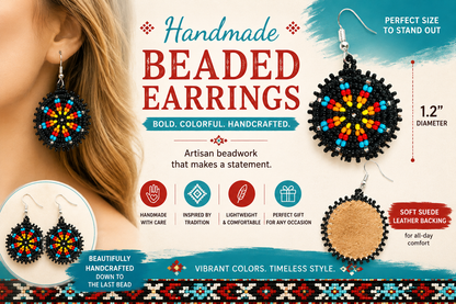 Handmade Beaded Round Black Earrings with Flower Design | Lightweight and Comfortable