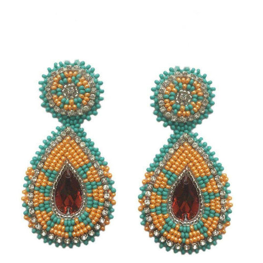 Handmade Beaded Teardrop Shape Post Earrings with Czech Seed Beads - 3 Inches Long, 1.5 Inch Wide - Peach Green